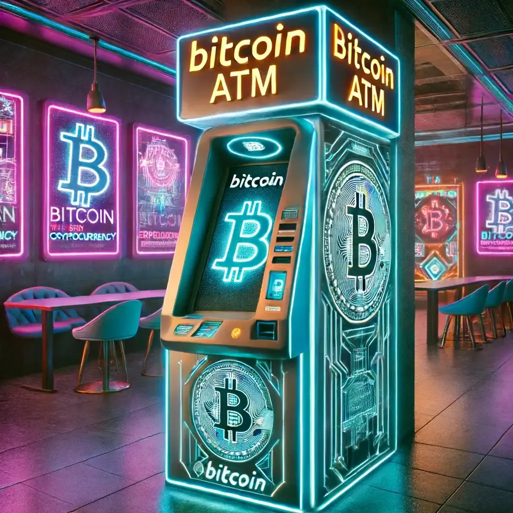 DALL·E 2024-06-16 12.38.42 - A Bitcoin ATM located indoors with a futuristic, cyberpunk design. The machine is sleek and metallic with neon lights and a holographic touchscreen in.webp